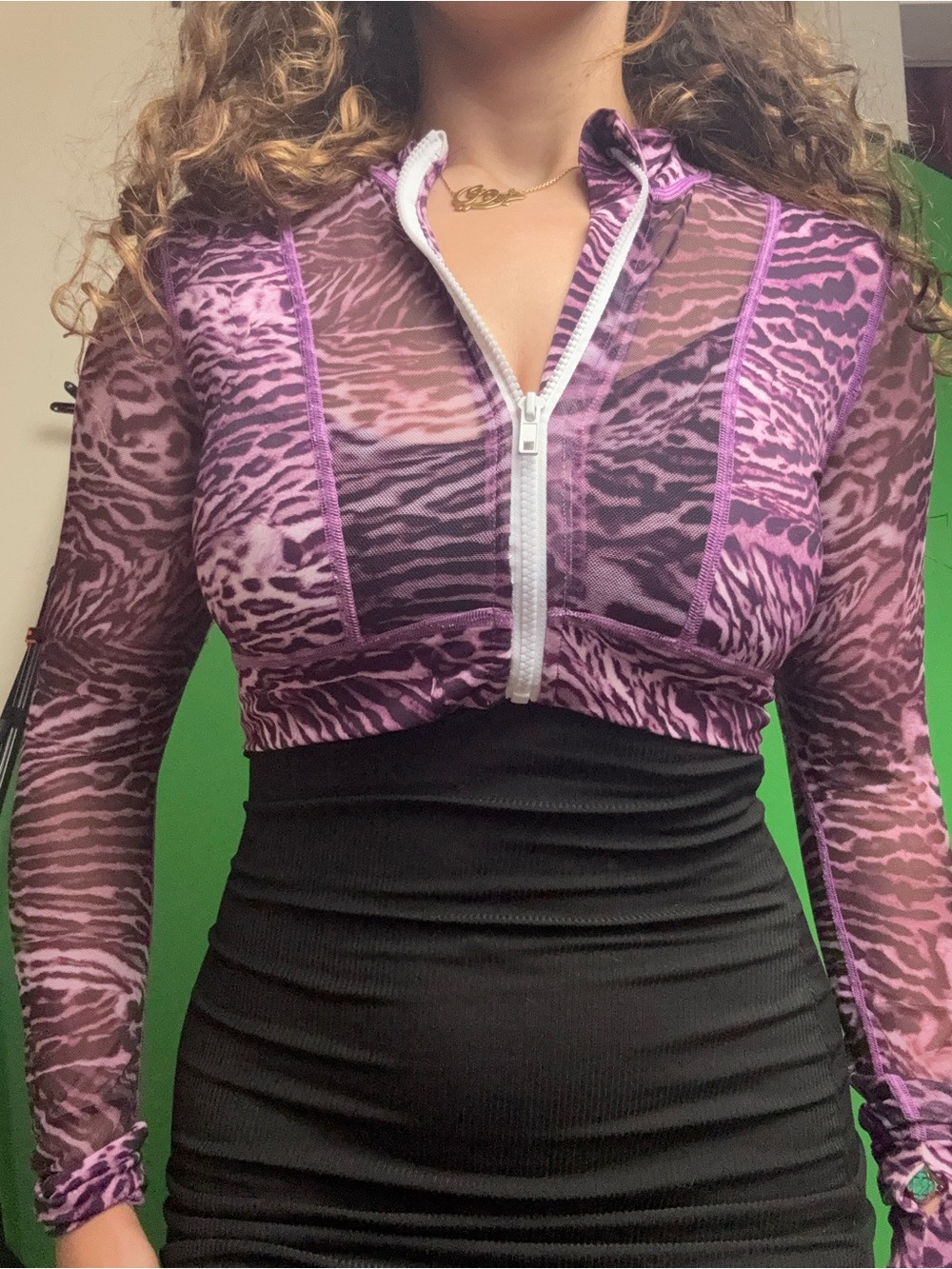 Purple Sheer Zip-Front Animal Print workout jacket